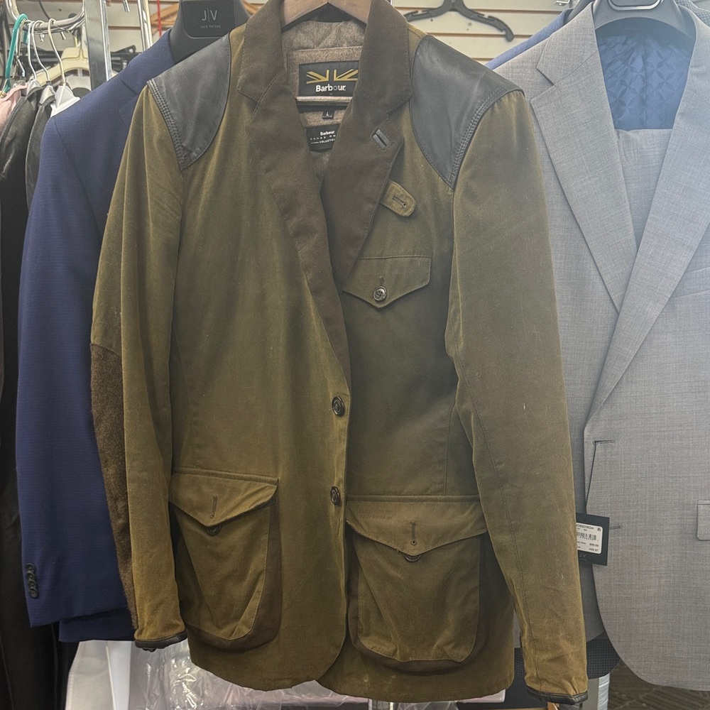 Barbour Olive Brown Waxed Field Blazer with Leather Shoulders